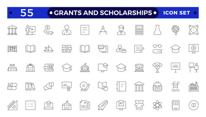 Grants and Scholarships outline icon set. Containing education, research, academic, degree, discipline, bachelor, post graduate icon. Scholarship financial aid, grant, fellowship, award, icon.