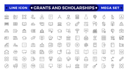 Grants and Scholarships outline icon set. Containing education, research, academic, degree, discipline, bachelor, post graduate icon. Scholarship financial aid, grant, fellowship, award, icon.