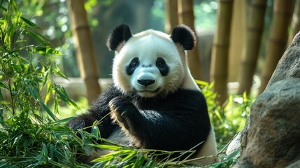 Obraz premium A Curious Panda in a Bamboo Forest