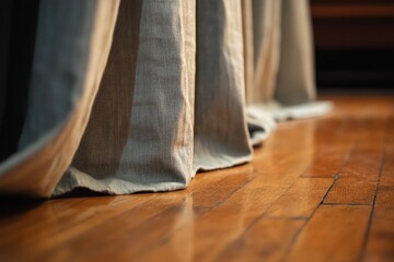Soft fabric drapes on polished wooden floor in a cozy room with warm lighting during early evening