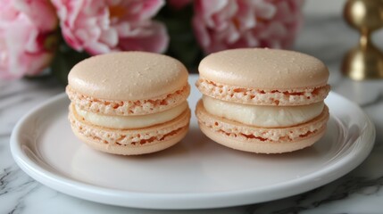 Pink macarons and soft peonies on marble: Elegant macarons with fresh peonies,