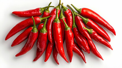 A vibrant cluster of red chili peppers, fresh and spicy, arranged neatly against a white background, showcasing their glossy skins and green stems.