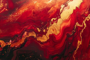 Vibrant abstract red, gold, and black artwork showcasing swirling patterns and textures in a...