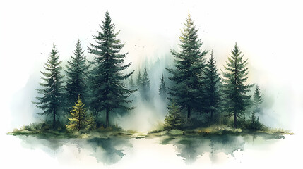 A serene landscape featuring tall evergreen trees reflected in calm water, surrounded by mist, creating a tranquil and picturesque natural scene.