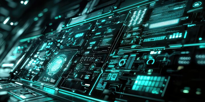 A high-tech digital interface with abstract technology elements and glowing circuits.