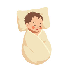 Adorable vector illustration of a sleeping baby wrapped in a soft blanket with a pillow. Perfect for baby-themed designs, parenting projects, or nursery decorations.