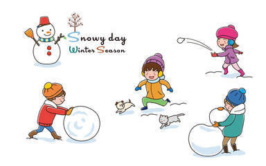Snowy day. Children playing in the snow.