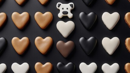 Obraz premium An assortment of heart-shaped cookies in various colors, with a playful bear-shaped cookie in the center, showcasing a delightful dessert arrangement.