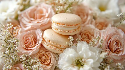 Valentineâ€™s-themed macarons in floral arrangement: Macarons arranged in a romantic floral bouquet,