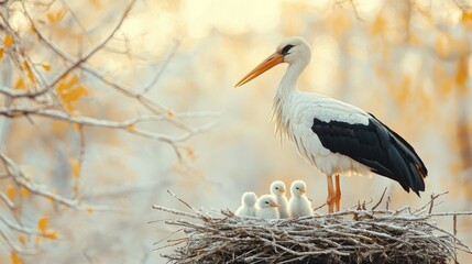 Here's a  and keyword list for your image... White stork standing proudly beside its three chicks in a nest.