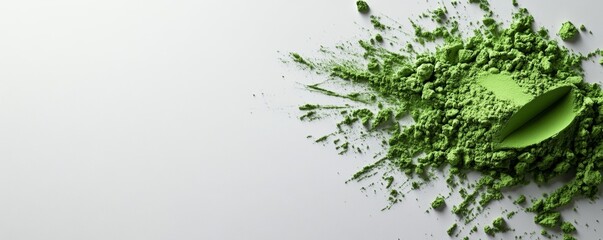green matcha powder with fresh leaf on white background