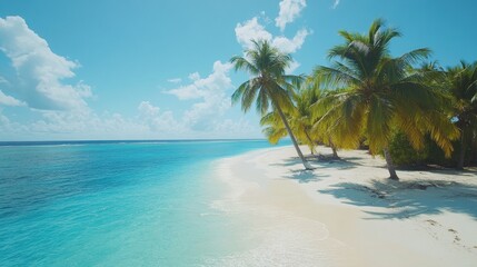 Obraz premium White sand beach, turquoise water, palm trees sway gently in the breeze. Perfect for travel, vacation, or paradise themed projects.