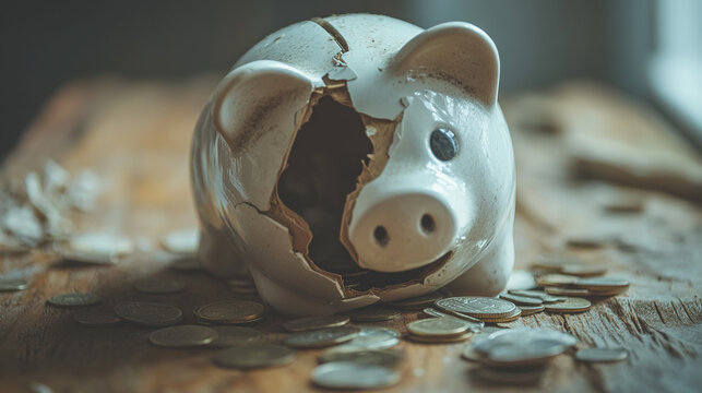 Broken piggy bank with coins scattered around, symbolizing financial struggle and the need for careful budgeting and saving.
