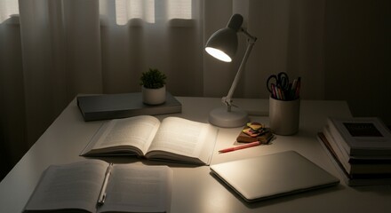 Study Desk with Open Textbooks and Laptop for Learning