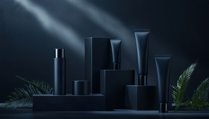 A sleek and modern arrangement of black cosmetic products illuminated by soft light, set against a dark background with greenery.