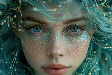 a close-up of a girl's face with fantasy makeup and jewelry. Her large blue eyes stand out against her fair skin, adorned with shimmering sparkles and artistic lines.  