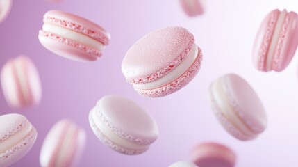 Obraz premium Floating pink and white macarons against a soft purple background create a whimsical, delightful confectionery scene.