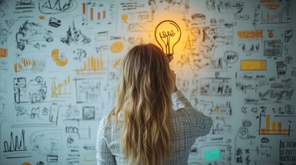 Fototapeta premium Young Businesswoman Drawing Creative Ideas on a Whiteboard with Bulb Light