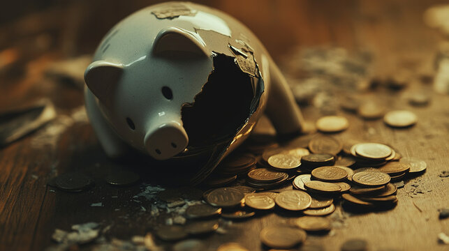 Broken piggy bank with coins scattered around, symbolizing financial struggle and the need for careful budgeting and saving.