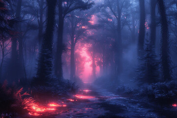 Obraz premium mystical forest at night. Tall trees are surrounded by thick fog 