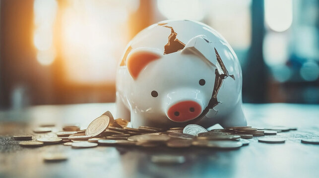 Broken piggy bank with coins scattered around, symbolizing financial struggle and the need for careful budgeting and saving.