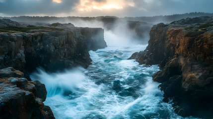 Obraz premium Dramatic Ocean Waves Crashing Through Coastal Rocks
