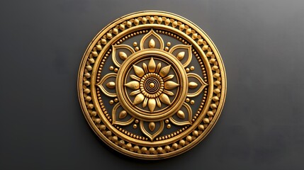 Gold ornate round medallion on dark background.