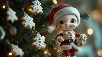 A doll in a Santa outfit adorns the Christmas tree, alongside intricately iced cookies in the shape of Christmas trees and stars