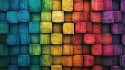 A wall of multicolored wooden square cubes with sharp geometric shapes, forming an eye-catching rainbow texture background