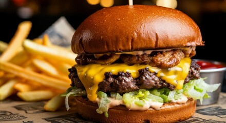 Close-up Gourmet Burger with Melted Cheese and Fresh Vegetables for advertisement