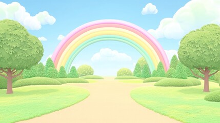 Fototapeta premium A bright, cheerful landscape featuring a rainbow, trees, and a winding path.