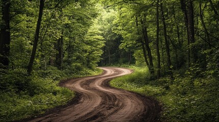 Obraz premium A winding dirt road cutting through a dense forest, inviting adventure and exploration.