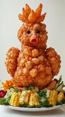 Golden Fried Bird Carving, Culinary Art. Plater with Corn, Vegetable Garnish, White Background
