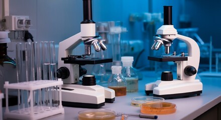 Biology Lab Equipment on Lab Bench for Science