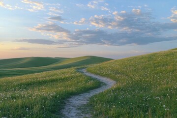 Obraz premium Serene path winding through grassy hills at sunset, wildflowers dotting the landscape. Ideal for travel, nature, and serenity concepts; evokes peace and tranquility.