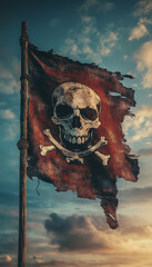 A worn and tattered pirate flag with the skull symbol on it