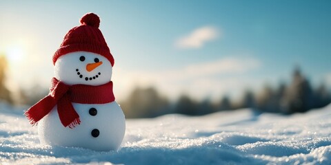 Obraz premium A cheerful snowman wearing a red hat and scarf stands in a snowy landscape under a bright blue sky, evoking winter joy.
