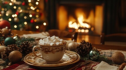 A festive table setting with a cocoa cup filled with marshmallows, surrounded by pinecones, ornaments, and a glowing fireplace in the background