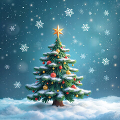Obraz premium An animated-style illustration for a storybook cover of a large Christmas tree and gift box on top of a snowy landscape with large snowflakes