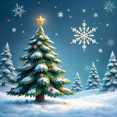 An animated-style illustration for a storybook cover of a large Christmas tree and gift box on top of a snowy landscape with large snowflakes