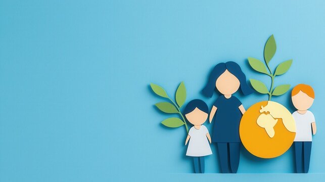 A colorful illustration portraying family unity and environmental awareness through symbolic imagery and playful design.
