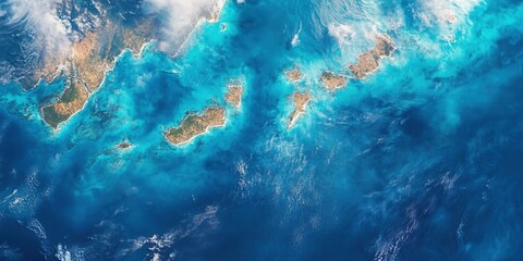 Fototapeta premium Island Chain Paradise: An Aerial View of Turquoise Waters and Lush Islands
