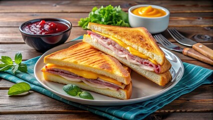 Aerial Photography of Monte Cristo Sandwich Icon - Grilled Cheese and Ham Fried in Egg, Served on Plate with Jam - Delicious Culinary Illustration for Food Lovers and Restaurants
