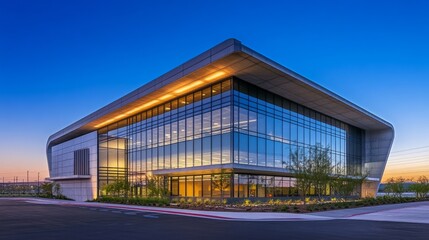 Obraz premium Modern office building with glass windows and concrete exterior at dusk, set against a peace-inducing cityscape.