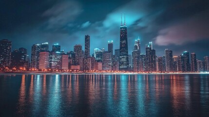 Obraz premium Chicago Skyline Illuminated at Night: Tall Buildings Reflecting Colorful Lights on Calm Water - Peaceful and Serene Cityscape