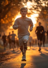 Inspirational Young Boy with Prosthetic Leg Running in Sunrise Marathon