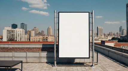 Large blank white rooftop billboard mockup overlooking a bustling cityscape, offering ample space for advertising or creative expression