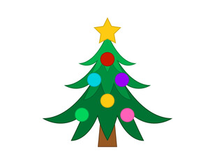 Green holiday christmas tree flat icon with decoration balls and star