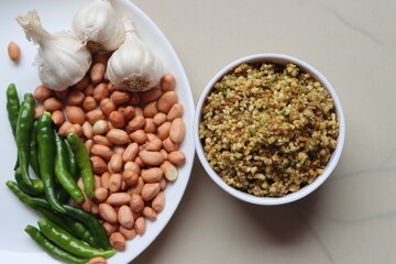 Hirvi Mirchi cha thecha, Dry green chutney made from garlic chilli peanuts which is famous in maharashtra