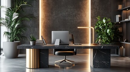 A chic marble desk lamp with a cylindrical black marble base and a golden arc fixture, glowing softly on a sleek glass desk in a modern workspace, surrounded by clean lines and neutral decor,